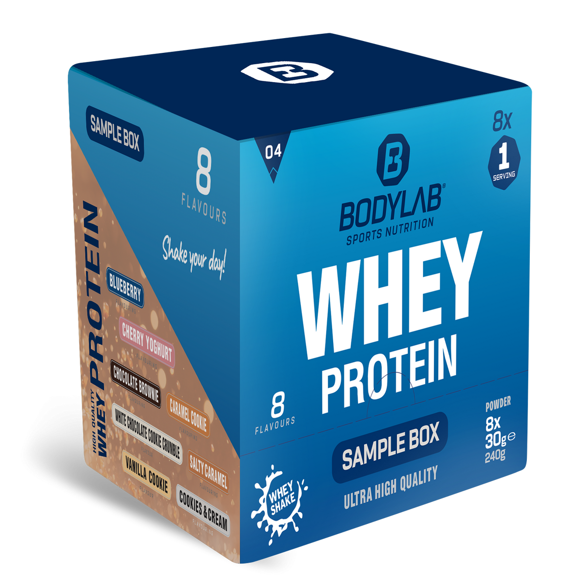 Whey Protein Probierboxen (8 Proben je 30g) Box 4: Chocolate Brownie – White Chocolate Cookie Crumble – Cherry Yogurt – Vanilla Cookie – Salted Caramel – Blueberry – Caramel Cookie and Cookies and Cream.