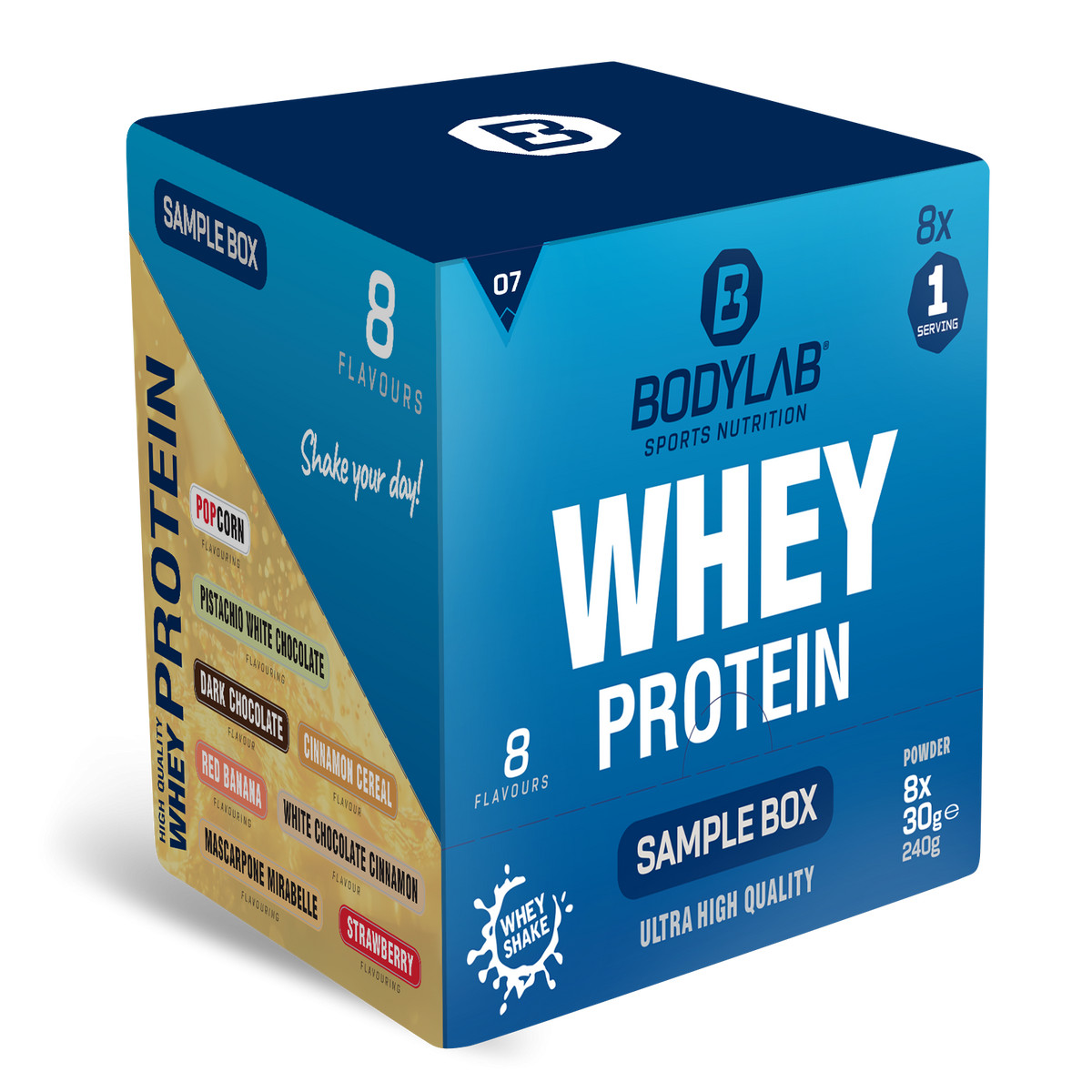 Whey Protein Probierboxen (8 Proben je 30g) Cinnamon Cereal – Dark Chocolate – Popcorn – Red Banana – White Chocolate Pistachio – White Chocolate Cinnamon – Mascarpone Mirabelle – Strawberry.
