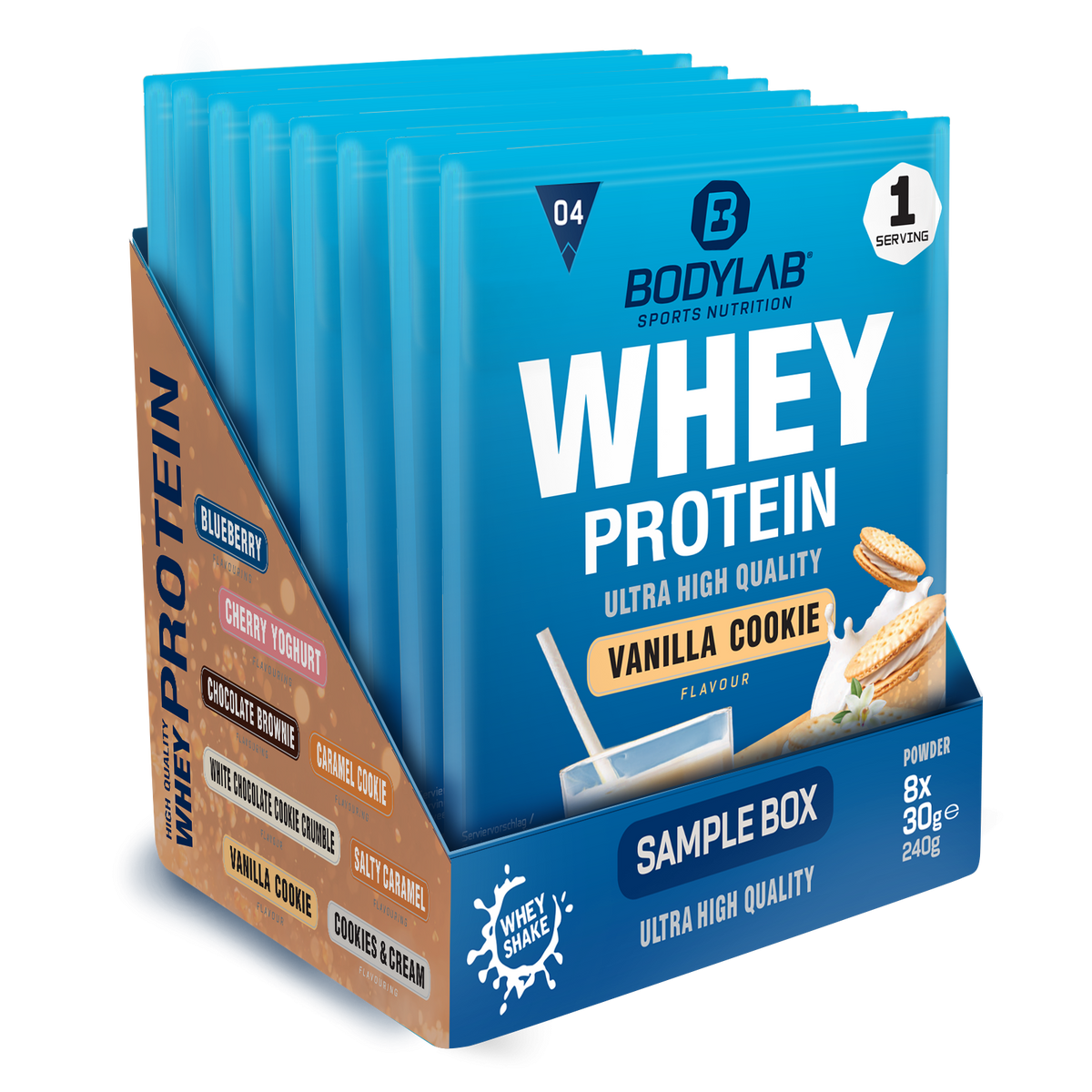 Whey Protein Probierboxen (8 Proben je 30g) Box 4: Chocolate Brownie – White Chocolate Cookie Crumble – Cherry Yogurt – Vanilla Cookie – Salted Caramel – Blueberry – Caramel Cookie and Cookies and Cream.