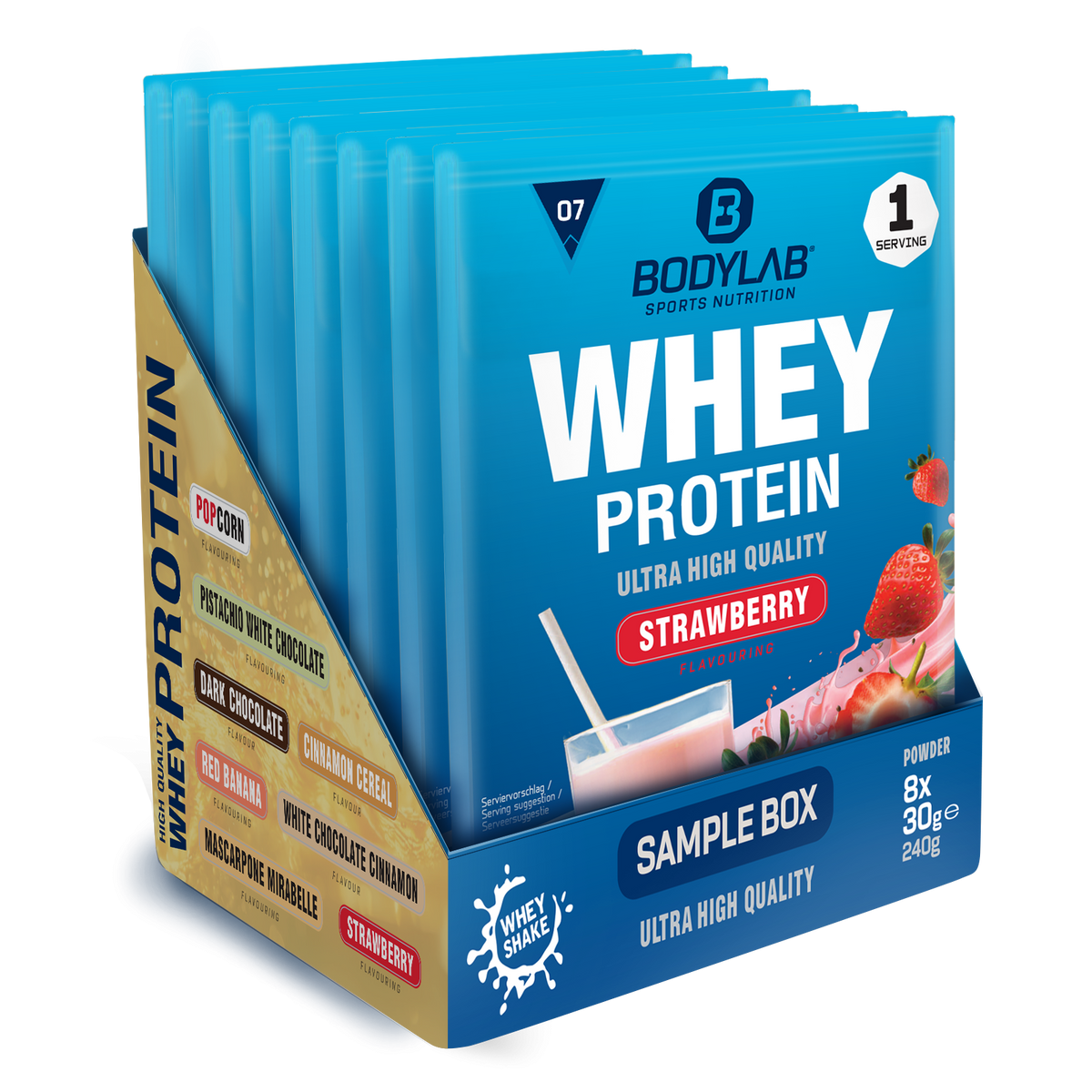 Whey Protein Probierboxen (8 Proben je 30g) Cinnamon Cereal – Dark Chocolate – Popcorn – Red Banana – White Chocolate Pistachio – White Chocolate Cinnamon – Mascarpone Mirabelle – Strawberry.