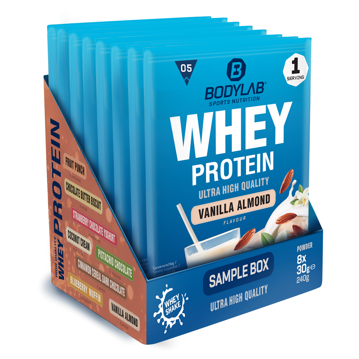 Whey Protein Probierboxen (8 Proben je 30g) Box 5: Blueberry Muffin – Fruit Punch – Strawberry Chocolate Yogurt – Coconut Cream – Chocolate Butter Biscuit – Vanilla Almond – Cinnamon Cereal Dark Chocolate and Chocolate Pistachio.