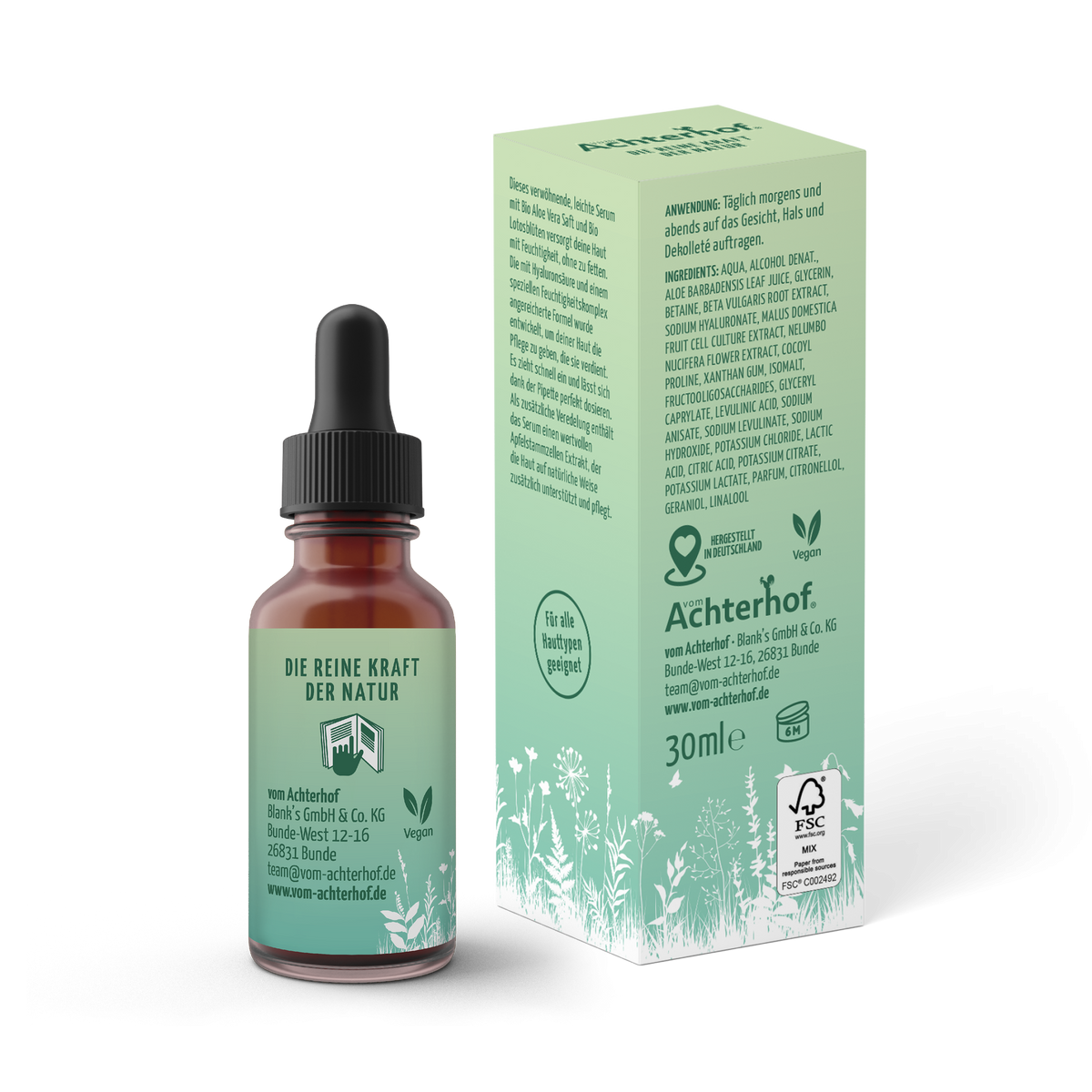 Intensiv Gesichtsserum mit Bio Aloe Vera Saft + Bio Lotosblüte und Hyaluronsäure (30ml)