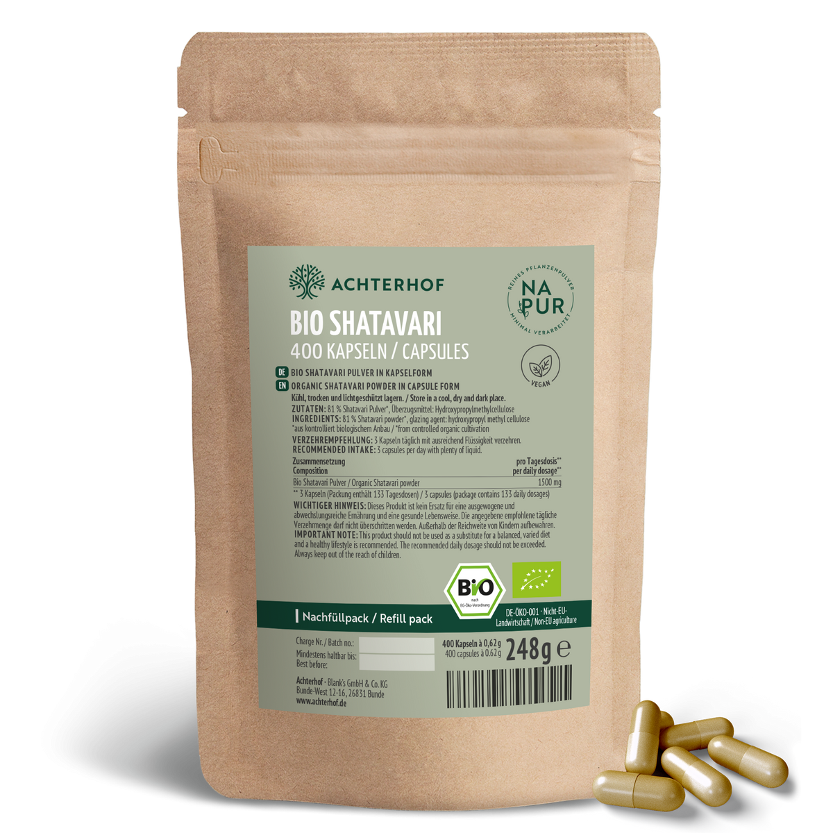 Shatavari Kapseln Bio Nachfüllpack (400 Kapseln)